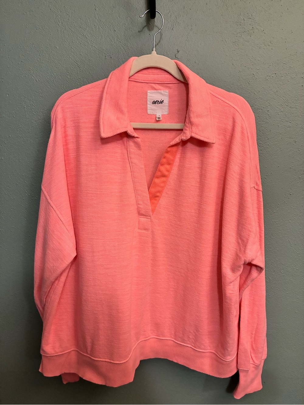 aerie Coral Pink Collared Pullover Sweatshirt